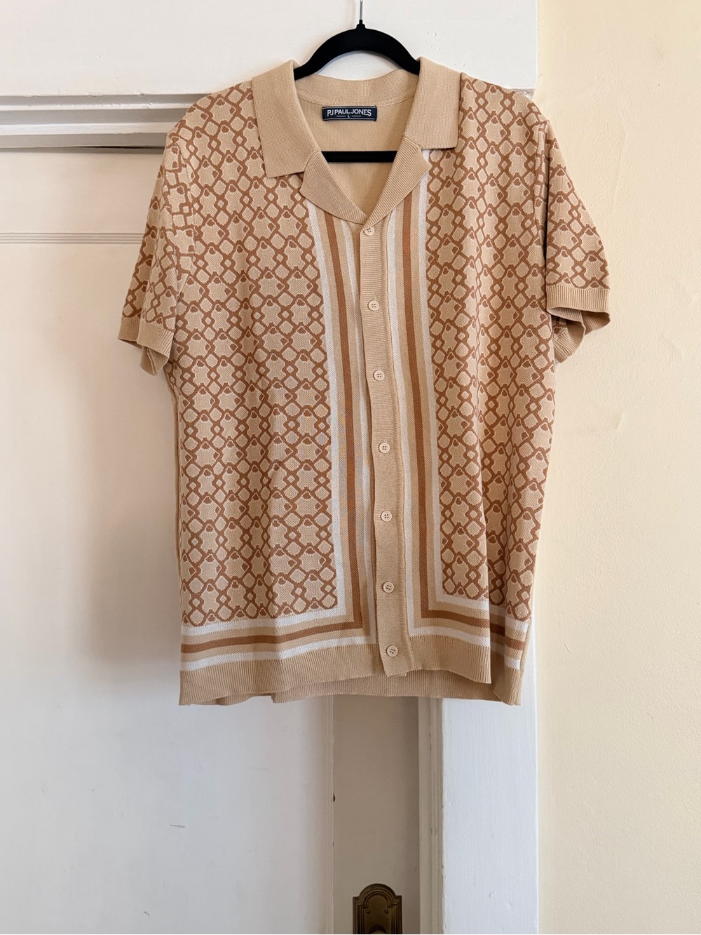 PJ Paul Jones Men’s L Retro Geometric Knit Polo Button Front Beige Brown